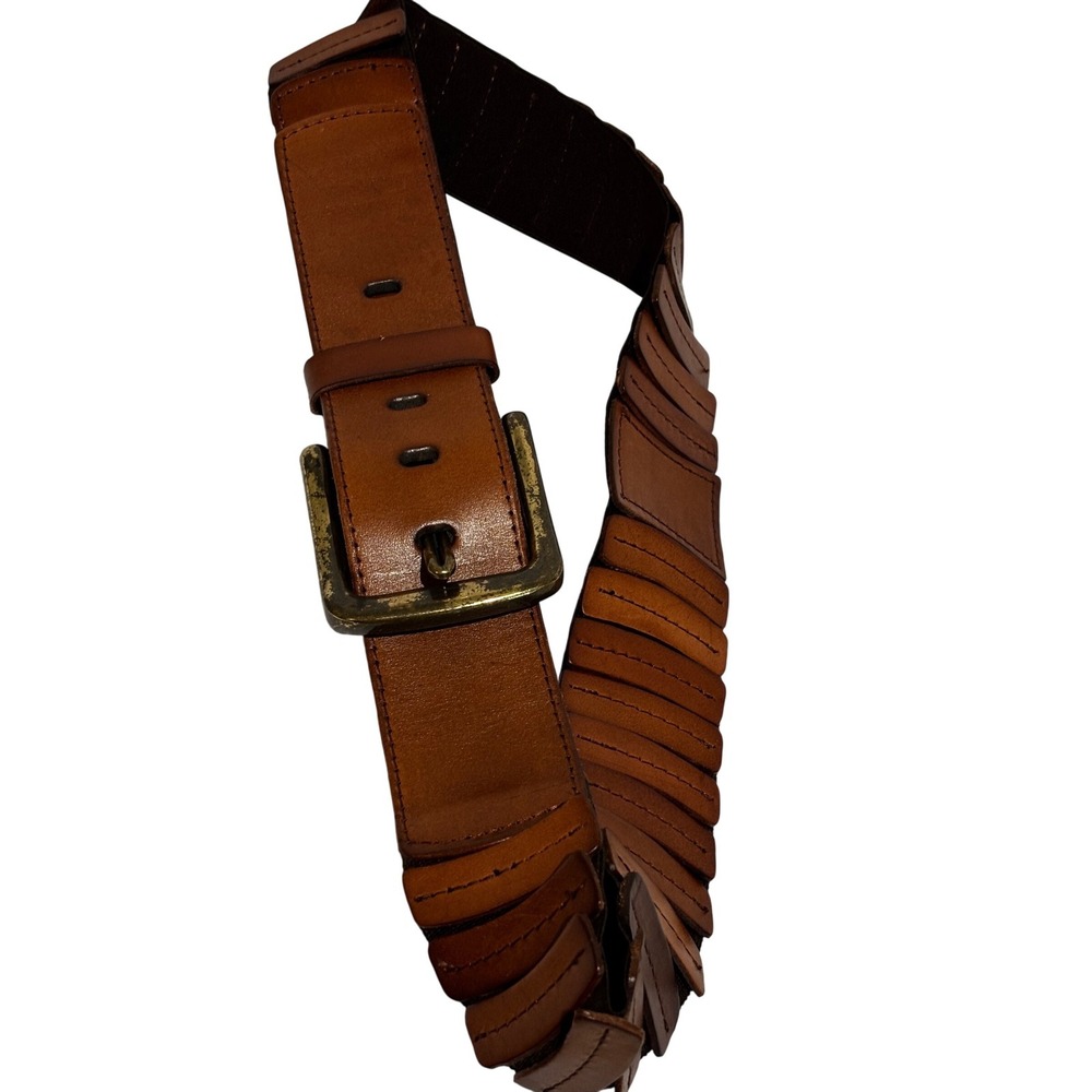 Elise M Brown Leather Wide Scalloped Elastic Cinch Belt M/L Brass Statement Boho